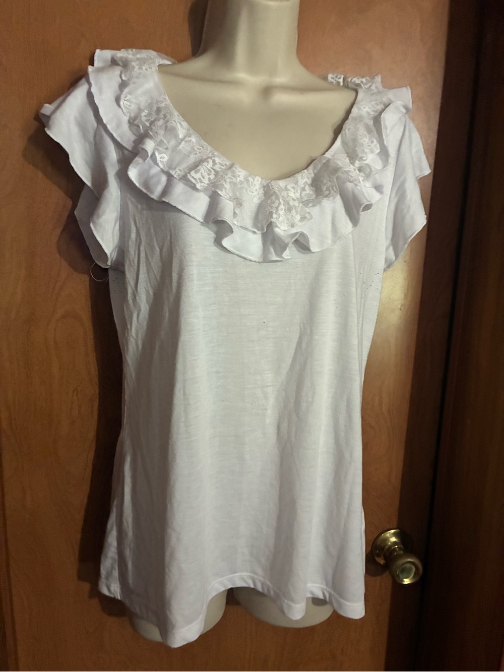 White Ruffle Lace-Trim Women's Top